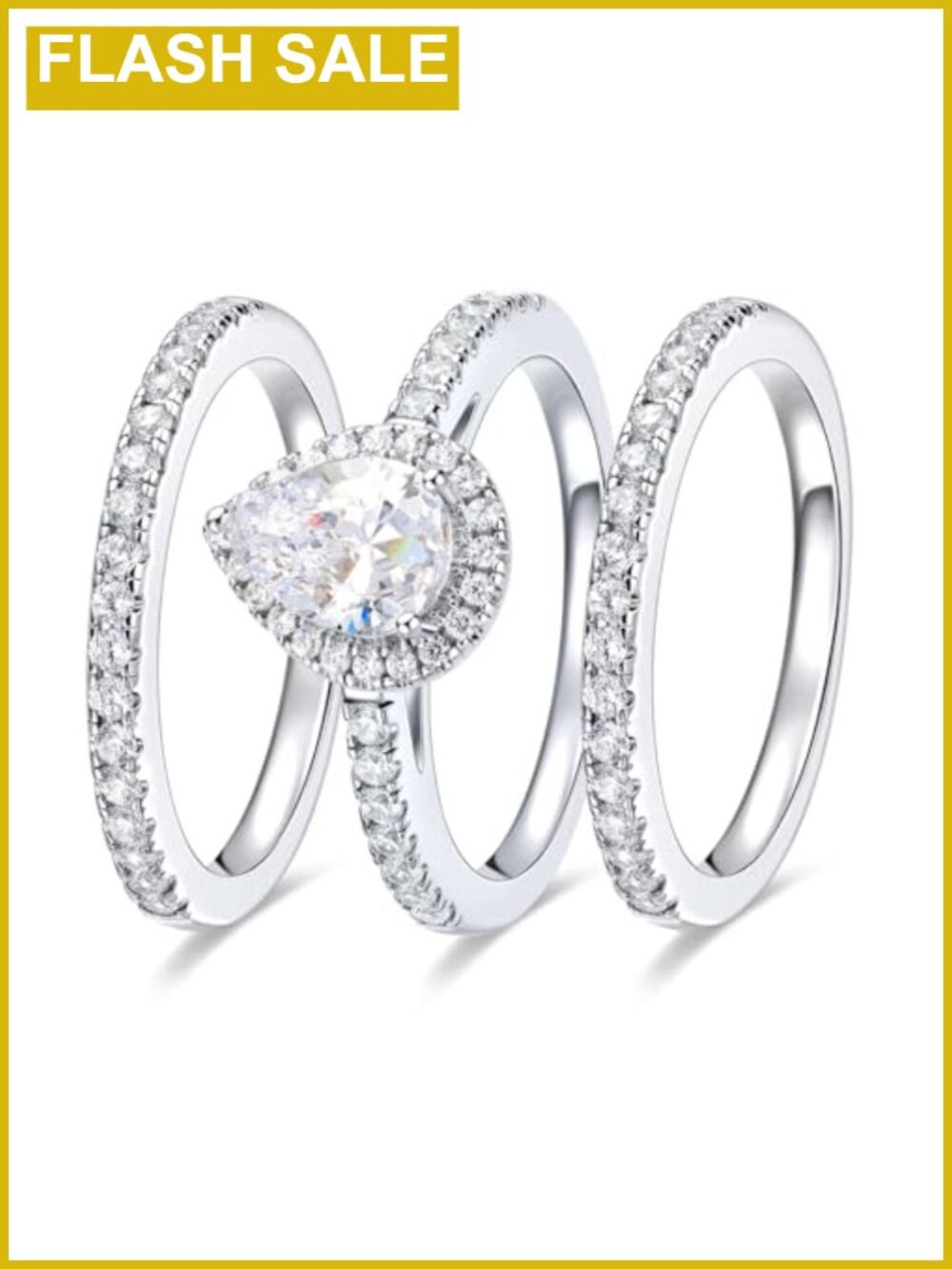 18K White Gold Plated Halo CZ 3-in-1 Bridal Ring Set Wedding Engagement